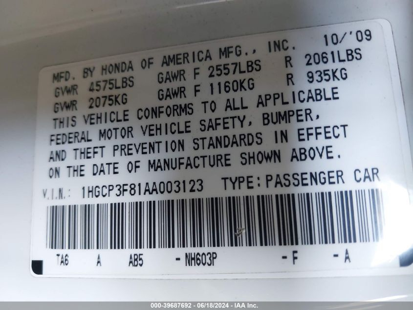 2010 Honda Accord 3.5 Ex-L VIN: 1HGCP3F81AA003123 Lot: 39687692