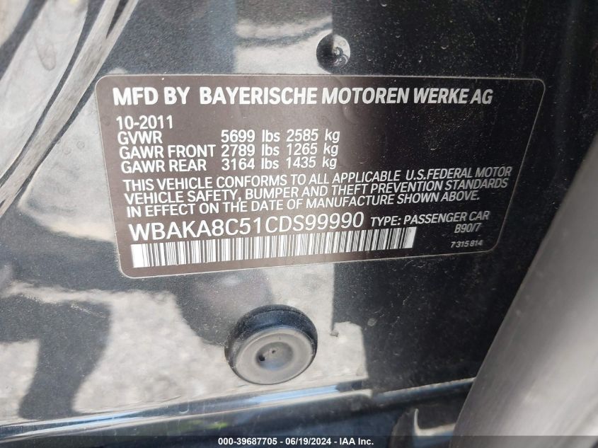 2012 BMW 750I VIN: WBAKA8C51CDS99990 Lot: 39687705