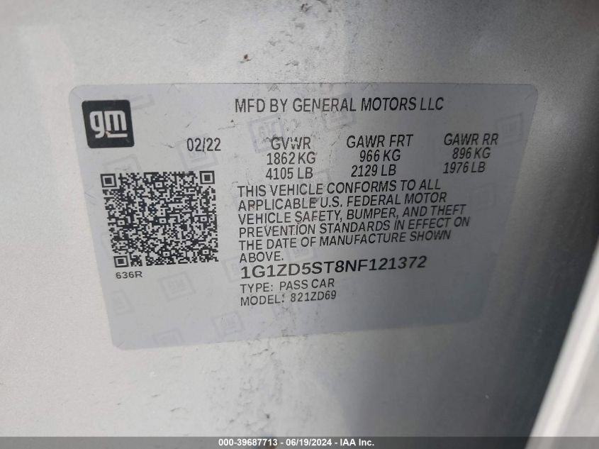 2022 CHEVROLET MALIBU LT - 1G1ZD5ST8NF121372