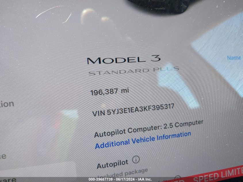 2019 Tesla Model 3 Long Range/Mid Range/Standard Range/Standard Range Plus VIN: 5YJ3E1EA3KF395317 Lot: 39687739