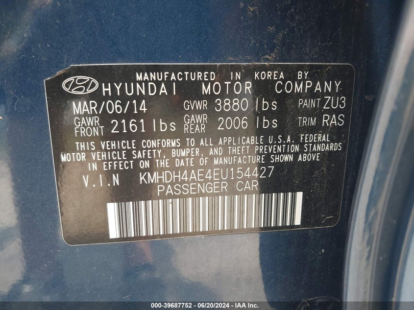 2014 Hyundai Elantra Se VIN: KMHDH4AE4EU154427 Lot: 39687752