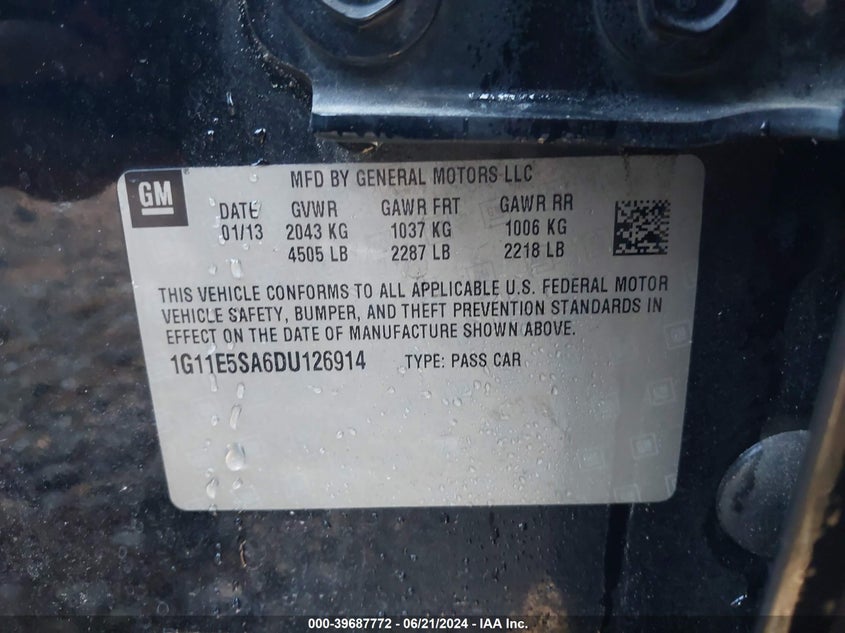 2013 Chevrolet Malibu 2Lt VIN: 1G11E5SA6DU126914 Lot: 39687772