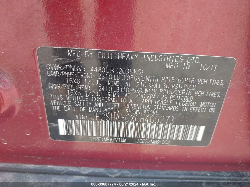 2012 Subaru Forester 2.5X VIN: JF2SHABCXCH409273 Lot: 39687774