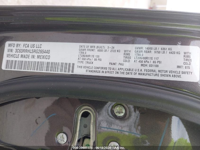 2024 Ram 3500 Big Horn 4X4 8' Box VIN: 3C63RRHL5RG265440 Lot: 39687775