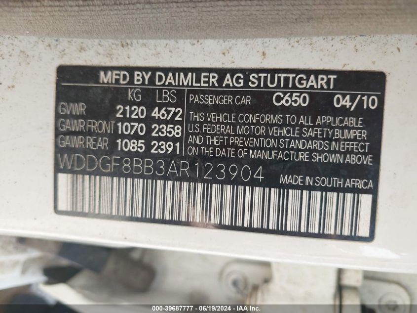 2010 Mercedes-Benz C 300 4Matic VIN: WDDGF8BB3AR123904 Lot: 39687777