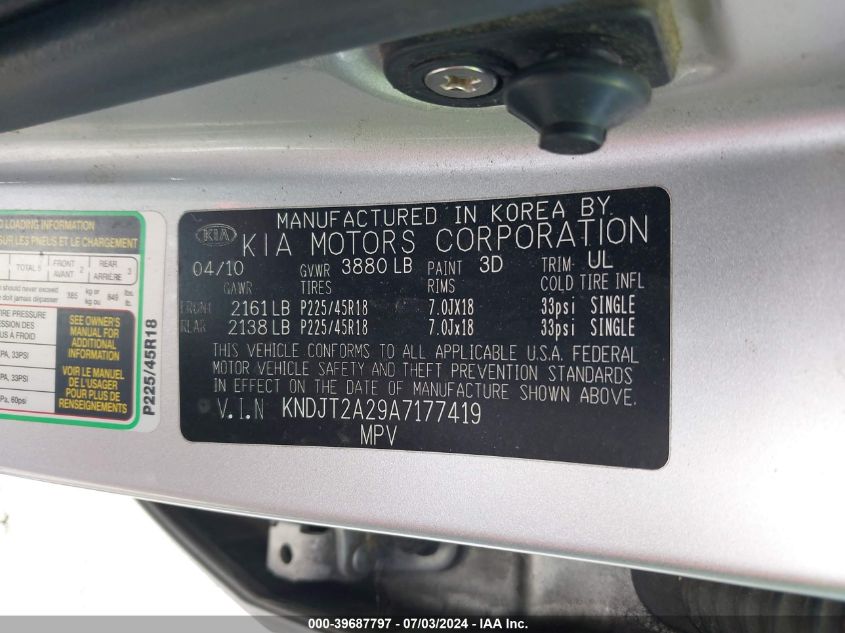 2010 Kia Soul Sport VIN: KNDJT2A29A7177419 Lot: 39687797