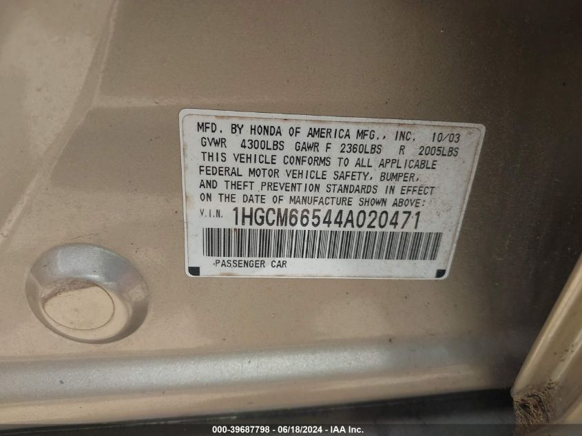 2004 Honda Accord 3.0 Ex VIN: 1HGCM66544A020471 Lot: 39687798