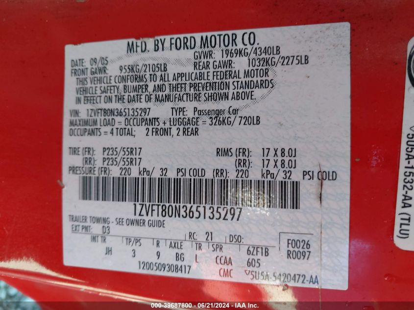 2006 Ford Mustang VIN: 1ZVFT80N365135297 Lot: 39687800