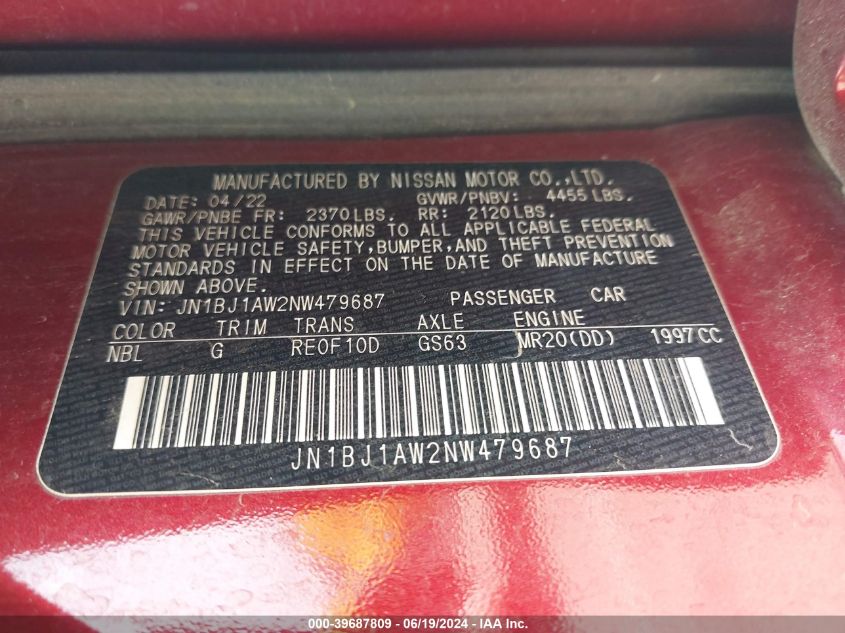 2022 Nissan Rogue Sport S Awd Xtronic Cvt VIN: JN1BJ1AW2NW479687 Lot: 39687809