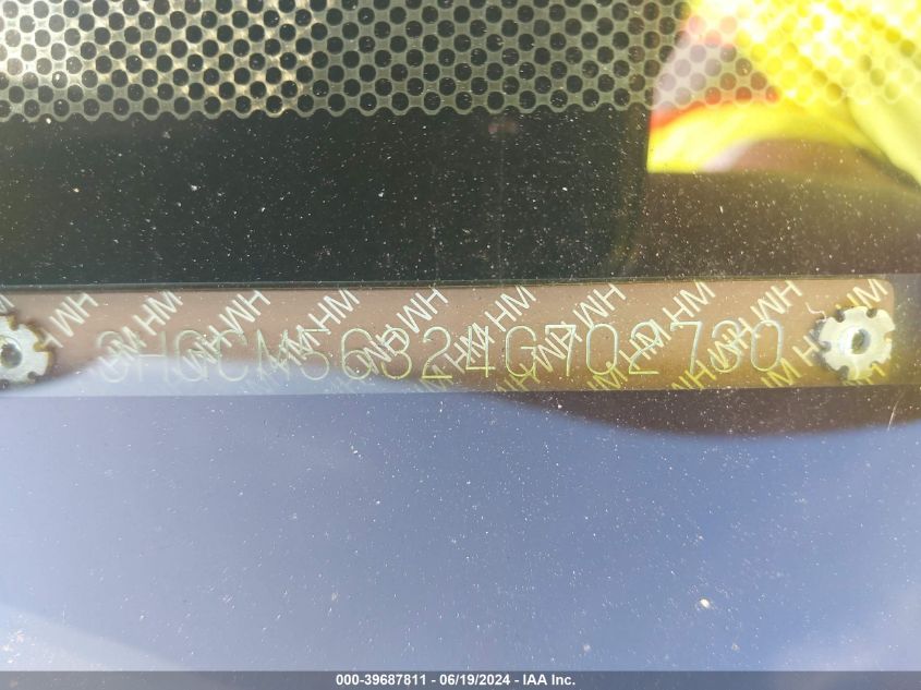 2004 Honda Accord 2.4 Lx VIN: 3HGCM56324G702730 Lot: 39687811