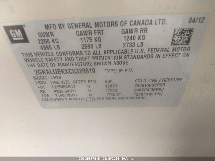 2012 GMC Terrain Slt-1 VIN: 2GKALUEKXC6328619 Lot: 39687815