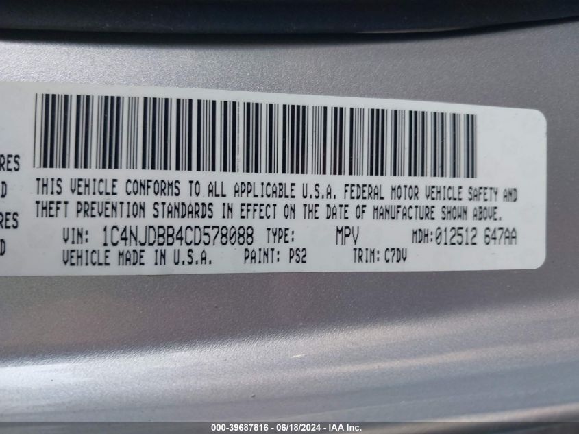 2012 Jeep Compass Sport VIN: 1C4NJDBB4CD578088 Lot: 39687816