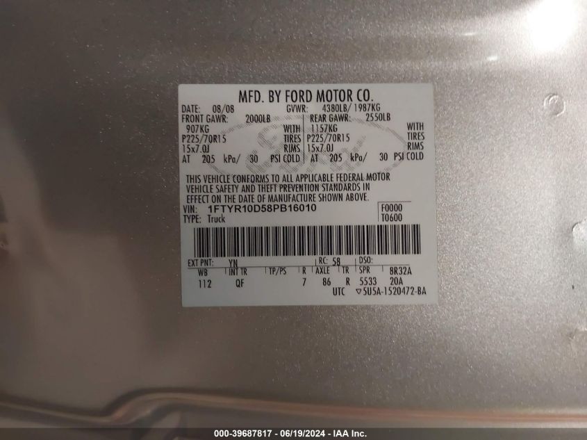 2008 Ford Ranger Xl/Xlt VIN: 1FTYR10D58PB16010 Lot: 39687817