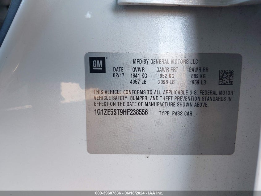 2017 Chevrolet Malibu 1Lt VIN: 1G1ZE5ST9HF238556 Lot: 39687836