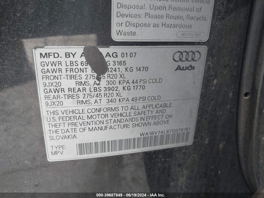 2007 Audi Q7 4.2 Quattro Premium VIN: WA1BV74L87D078191 Lot: 39687849