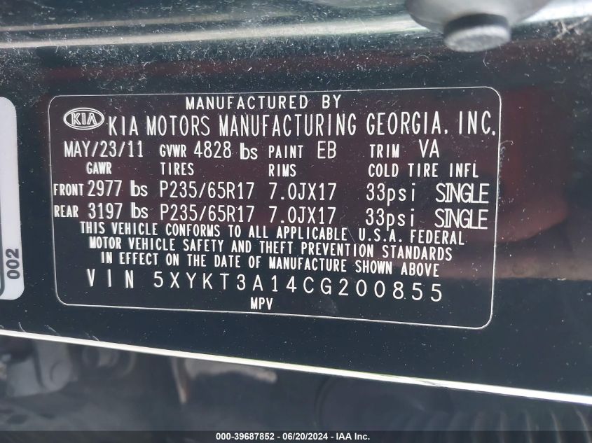 2012 Kia Sorento Lx VIN: 5XYKT3A14CG200855 Lot: 39687852