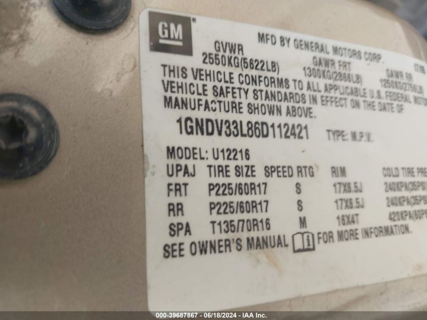 2006 Chevrolet Uplander Lt VIN: 1GNDV33L86D112421 Lot: 39687867