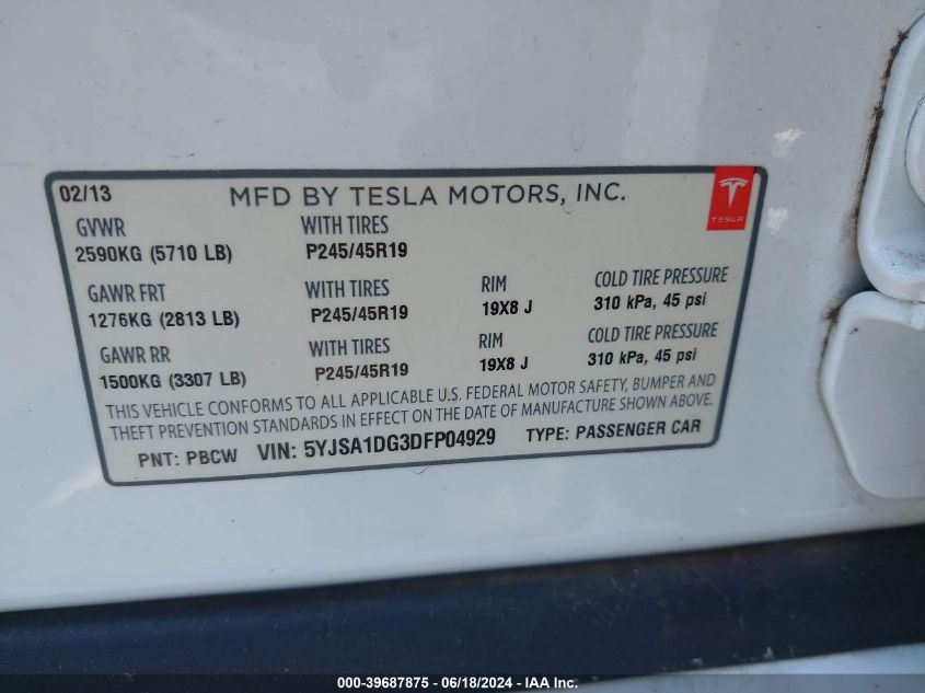 2013 Tesla Model S VIN: 5YJSA1DG3DFP04929 Lot: 39687875