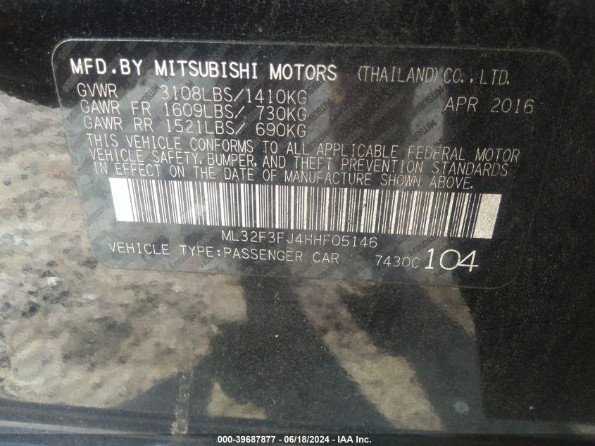 2017 Mitsubishi Mirage G4 Es VIN: ML32F3FJ4HHF05146 Lot: 39687877