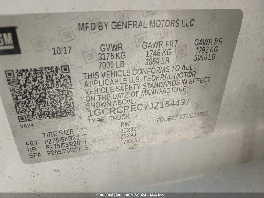 2018 Chevrolet Silverado 1500 Custom VIN: 1GCRCPEC7JZ154437 Lot: 39687882