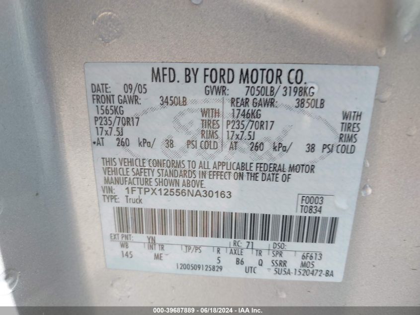 2006 Ford F-150 Lariat/Xl/Xlt VIN: 1FTPX12556NA30163 Lot: 39687889