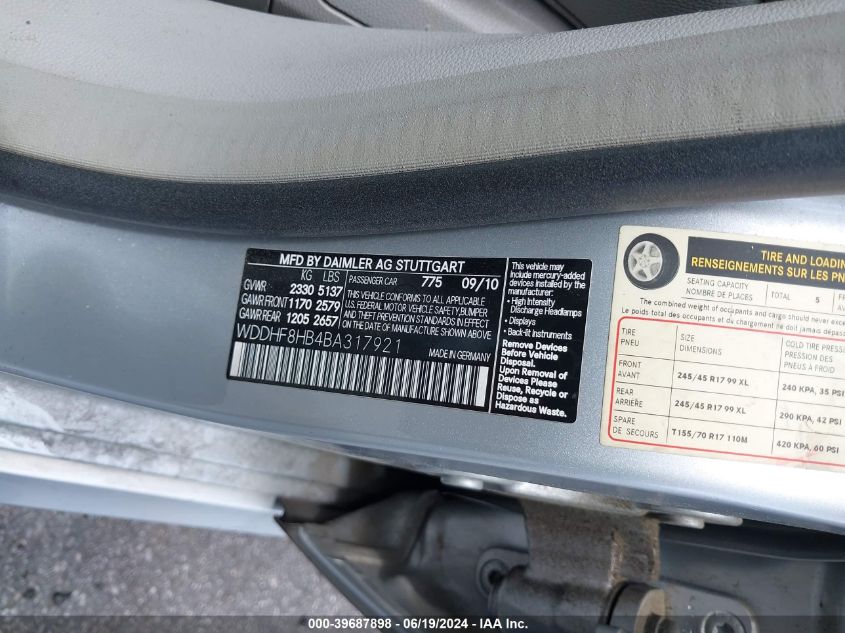 2011 Mercedes-Benz E 350 4Matic VIN: WDDHF8HB4BA317921 Lot: 39687898