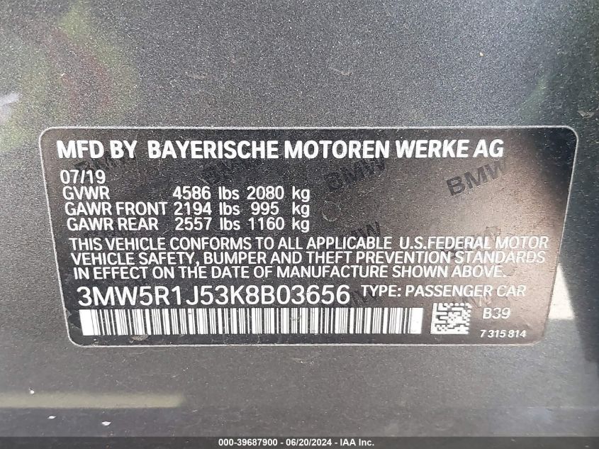 2019 BMW 330I VIN: 3MW5R1J53K8B03656 Lot: 39687900