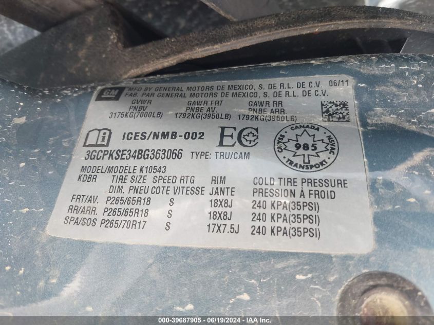 2011 Chevrolet Silverado 1500 K1500 Lt VIN: 3GCPKSE34BG363066 Lot: 39687905