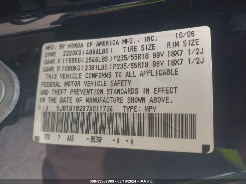 2007 Acura Rdx VIN: 5J8TB18297A011734 Lot: 39687909