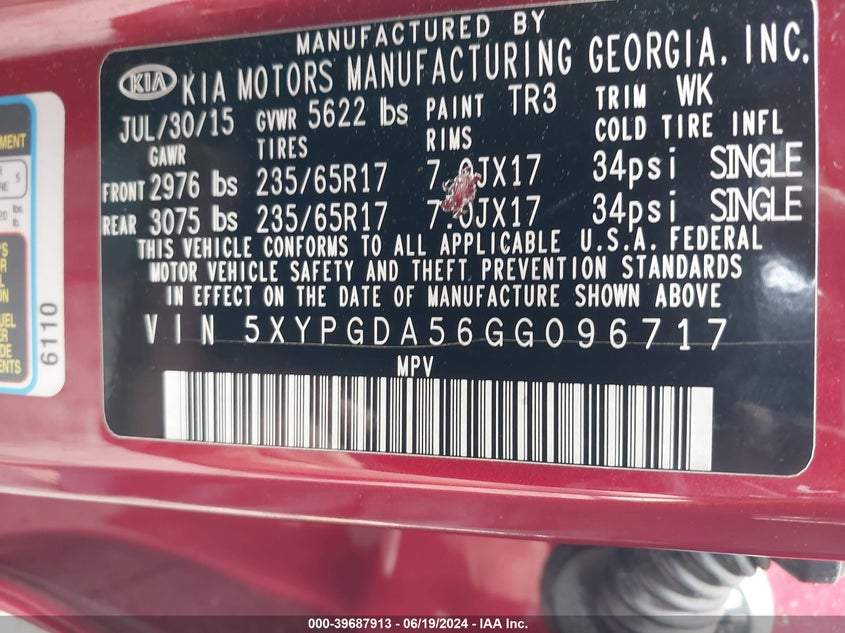 2016 Kia Sorento 3.3L Lx VIN: 5XYPGDA56GG096717 Lot: 39687913