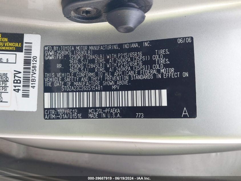 2006 Toyota Sienna Le VIN: 5TDZA23C26S515481 Lot: 39687919