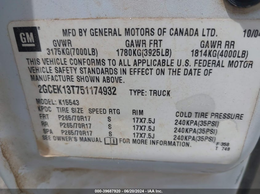 2005 Chevrolet Silverado 1500 Z71 VIN: 2GCEK13T751174932 Lot: 39687920