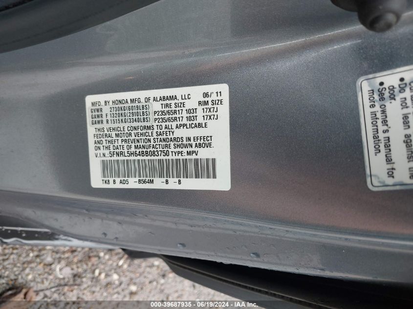 2011 Honda Odyssey Ex-L VIN: 5FNRL5H64BB083750 Lot: 39687935