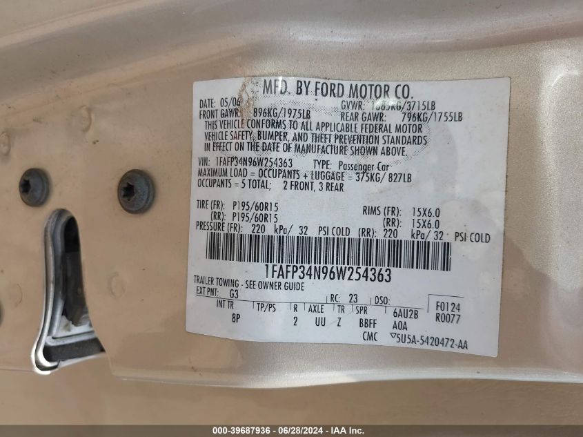 1FAFP34N96W254363 2006 Ford Focus Zx4