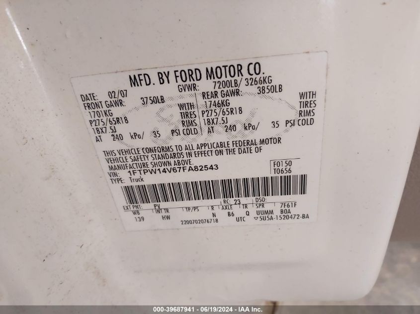 2007 Ford F150 Supercrew VIN: 1FTPW14V67FA82543 Lot: 39687941