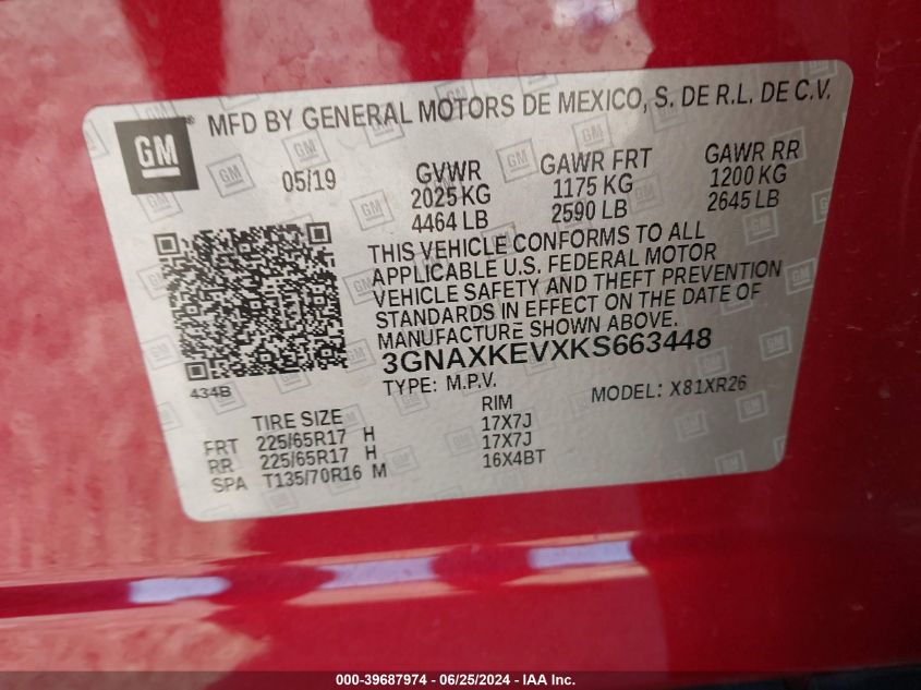 2019 Chevrolet Equinox Lt VIN: 3GNAXKEVXKS663448 Lot: 39687974