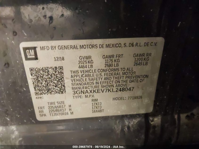 2019 Chevrolet Equinox Lt VIN: 3GNAXKEV7KL248047 Lot: 39687978