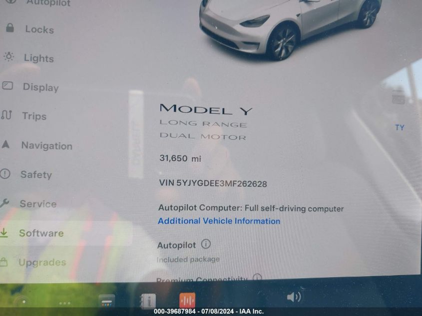 2021 Tesla Model Y Long Range Dual Motor All-Wheel Drive VIN: 5YJYGDEE3MF262628 Lot: 39687984