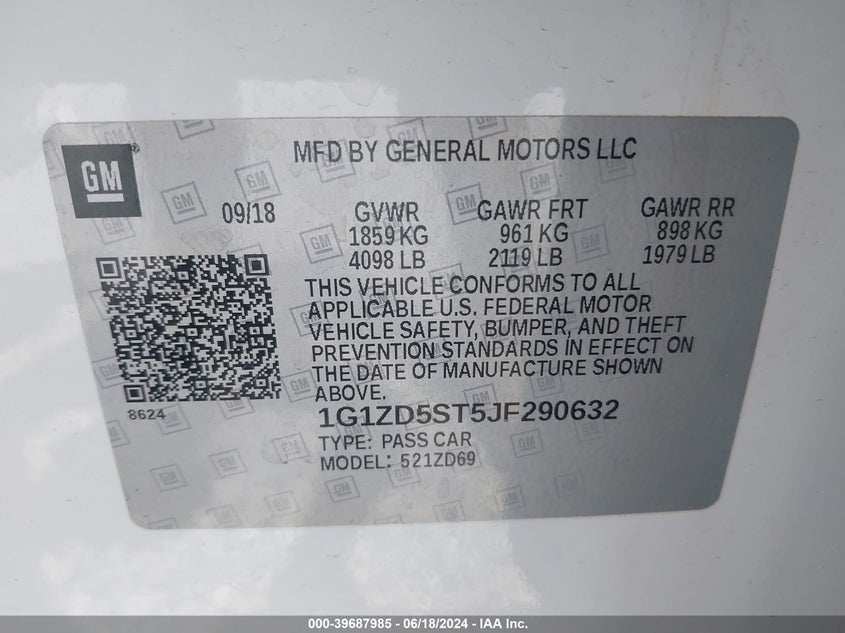 2018 Chevrolet Malibu Lt VIN: 1G1ZD5ST5JF290632 Lot: 39687985