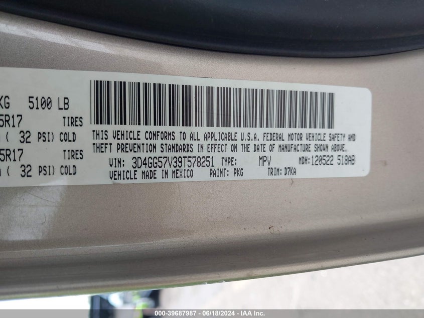 2009 Dodge Journey Sxt VIN: 3D4GG57V39T578251 Lot: 39687987