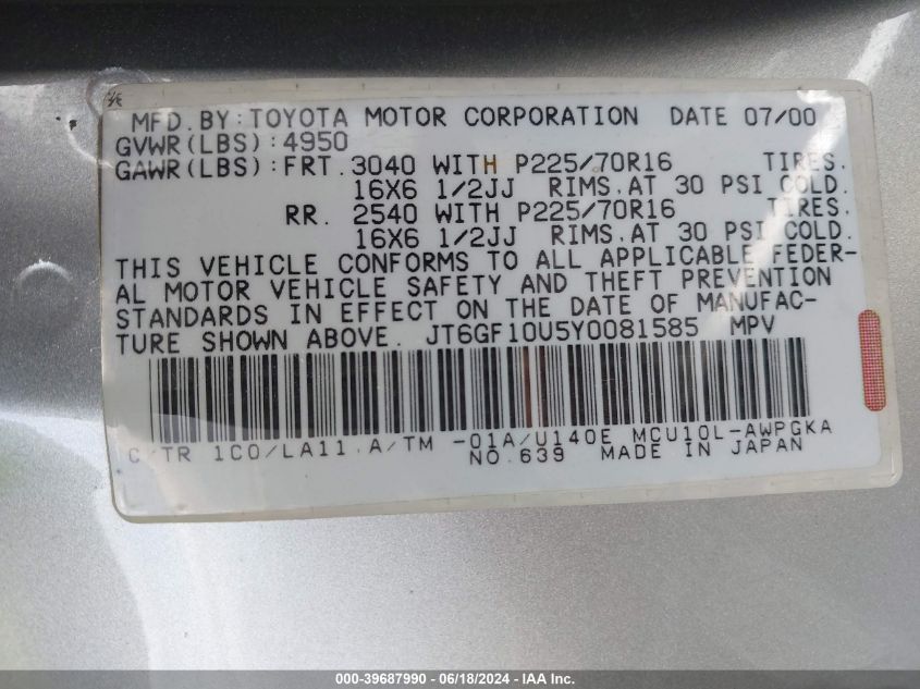 2000 Lexus Rx 300 VIN: JT6GF10U5Y0081585 Lot: 39687990