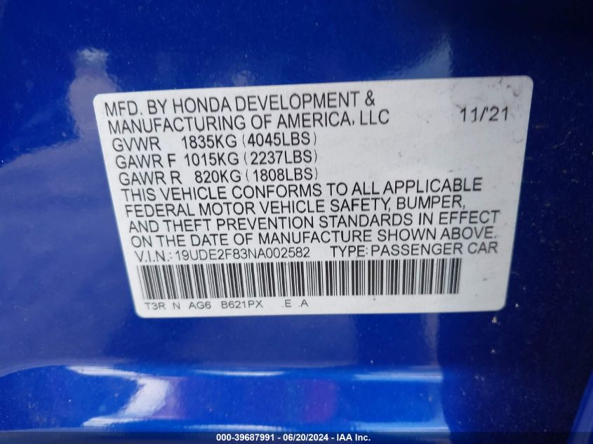 2022 Acura Ilx Premium A-Spec Packages/Technology A-Spec Packages VIN: 19UDE2F83NA002582 Lot: 39687991