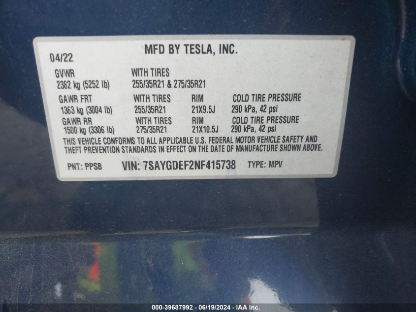 2022 TESLA MODEL Y - 7SAYGDEF2NF415738