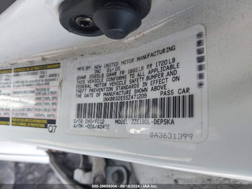 2005 Toyota Corolla S VIN: 1NXBR32E55Z471209 Lot: 39688004