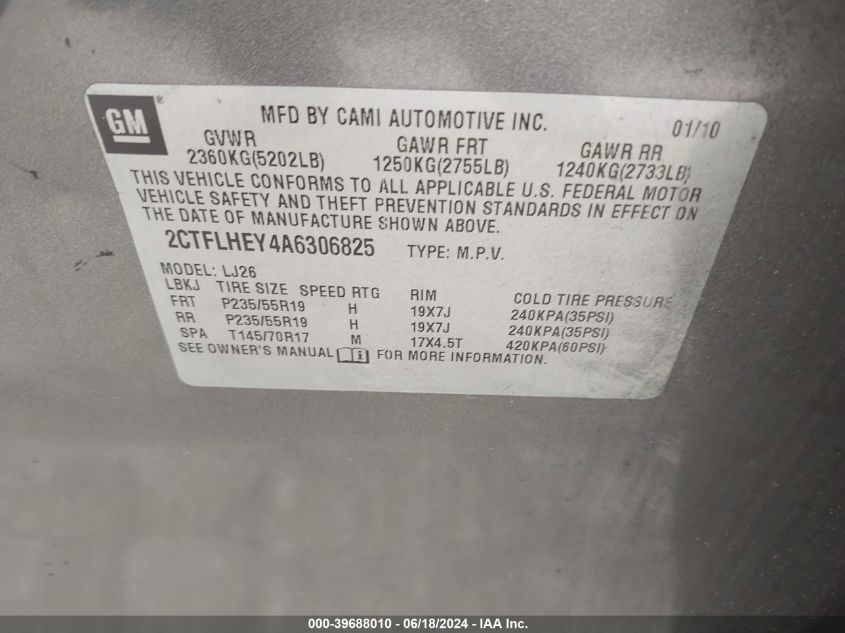 2010 GMC Terrain Slt-2 VIN: 2CTFLHEY4A6306825 Lot: 39688010