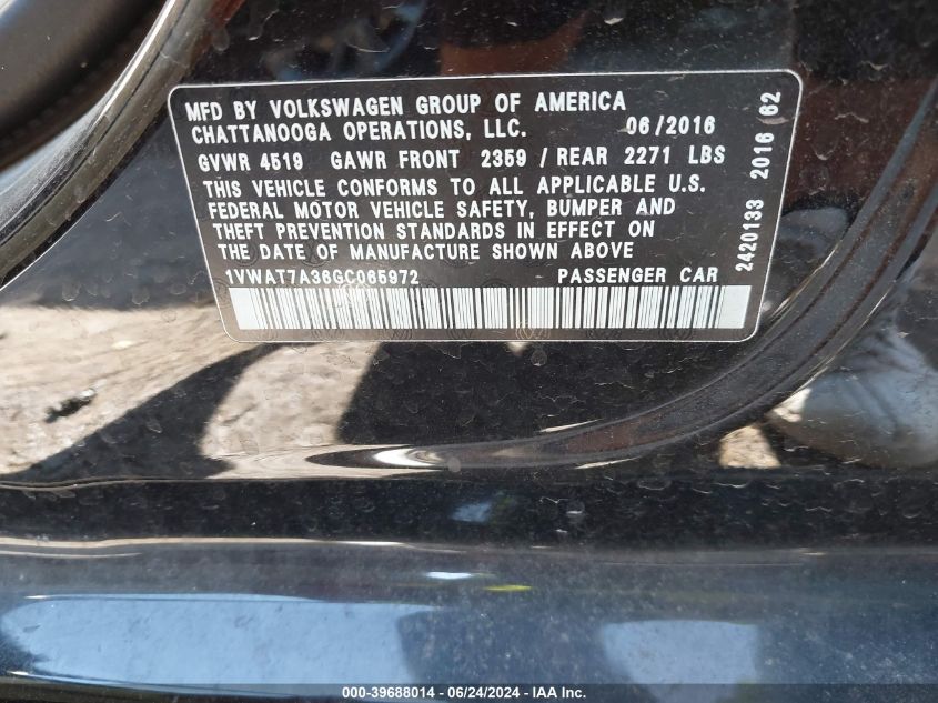 2016 Volkswagen Passat 1.8T R-Line VIN: 1VWAT7A36GC065972 Lot: 39688014