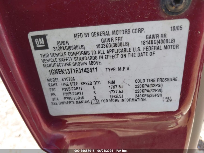 2006 Chevrolet Tahoe Lt VIN: 1GNEK13T16J145411 Lot: 39688018