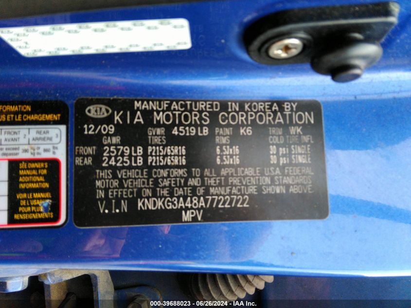 2010 Kia Sportage Lx VIN: KNDKG3A48A7722722 Lot: 39688023