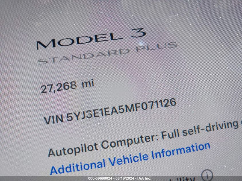 2021 Tesla Model 3 Standard Range Plus Rear-Wheel Drive VIN: 5YJ3E1EA5MF071126 Lot: 39688024