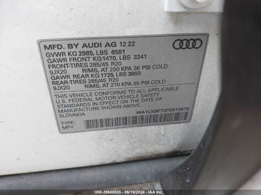 2023 Audi Q7 Premium Plus 55 Tfsi Quattro Tiptronic VIN: WA1LXBF73PD010673 Lot: 39688035